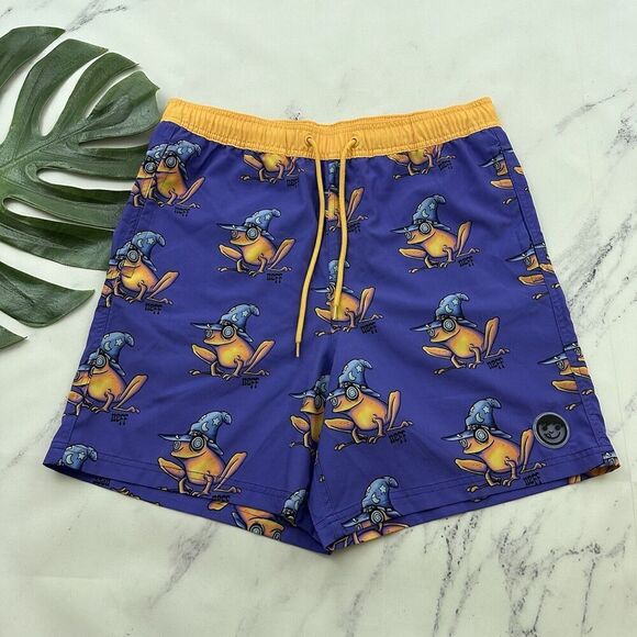 Neff Mens Swim Trunks Shorts Size L Purple Yellow Wizard Hat Frogs Unlined - Picture 1 of 10